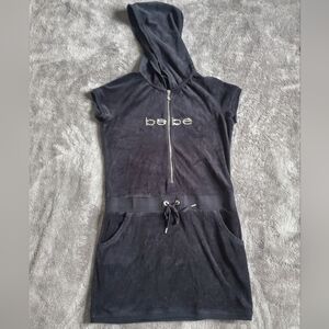 BEBE Black Velour With Rhinestone Y2K Hooded Dress Size M